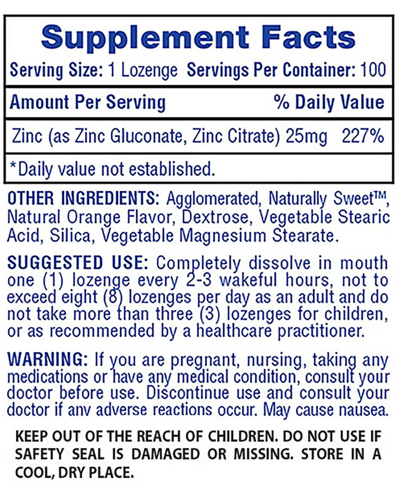 Zinc Lozenges Immune & Antioxidant Support – Orange Flavored, 100 Lozenges
