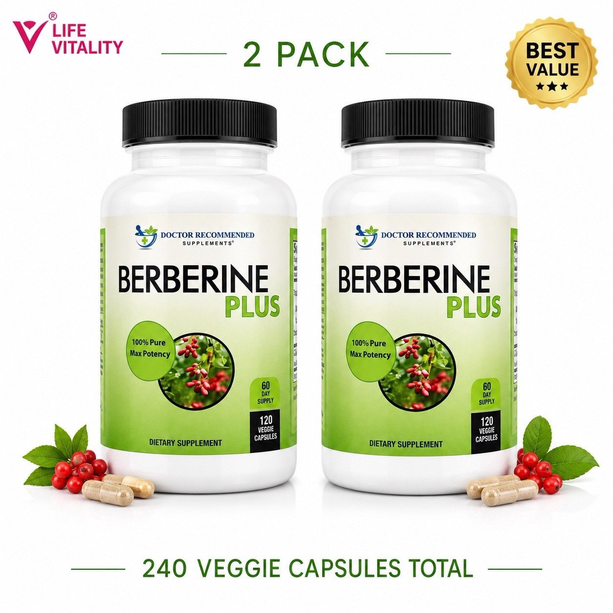Berberine Plus 1200mg 240 Veggie Capsules 2 Pack Immune Support Fórmula