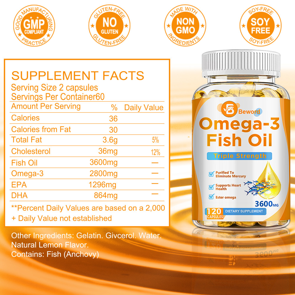 3x Strength EPA & DHA Omega 3 Fish Oil 3600mg, Highest Potency, 4 × 120 Softgels