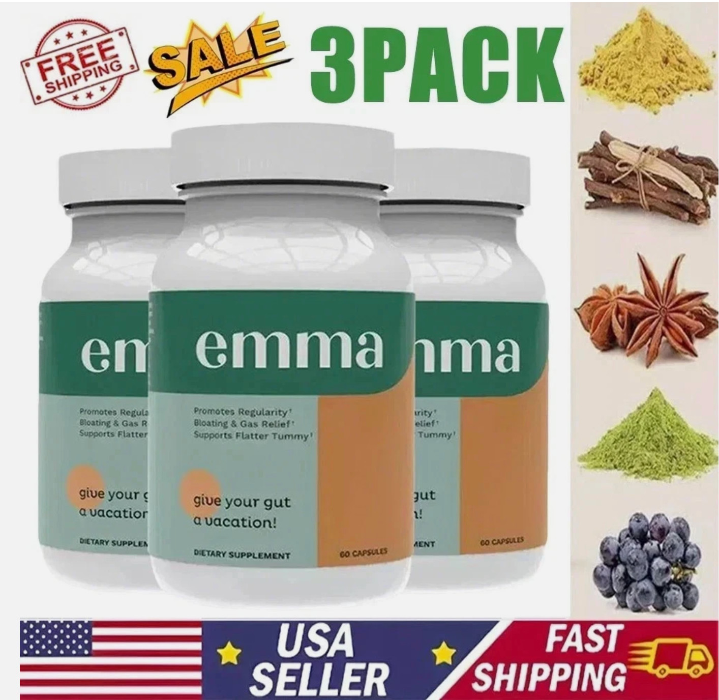3 Pack Emma Gut Health Supplement 180 Capsules for Bloating Relief & Leaky Gut
