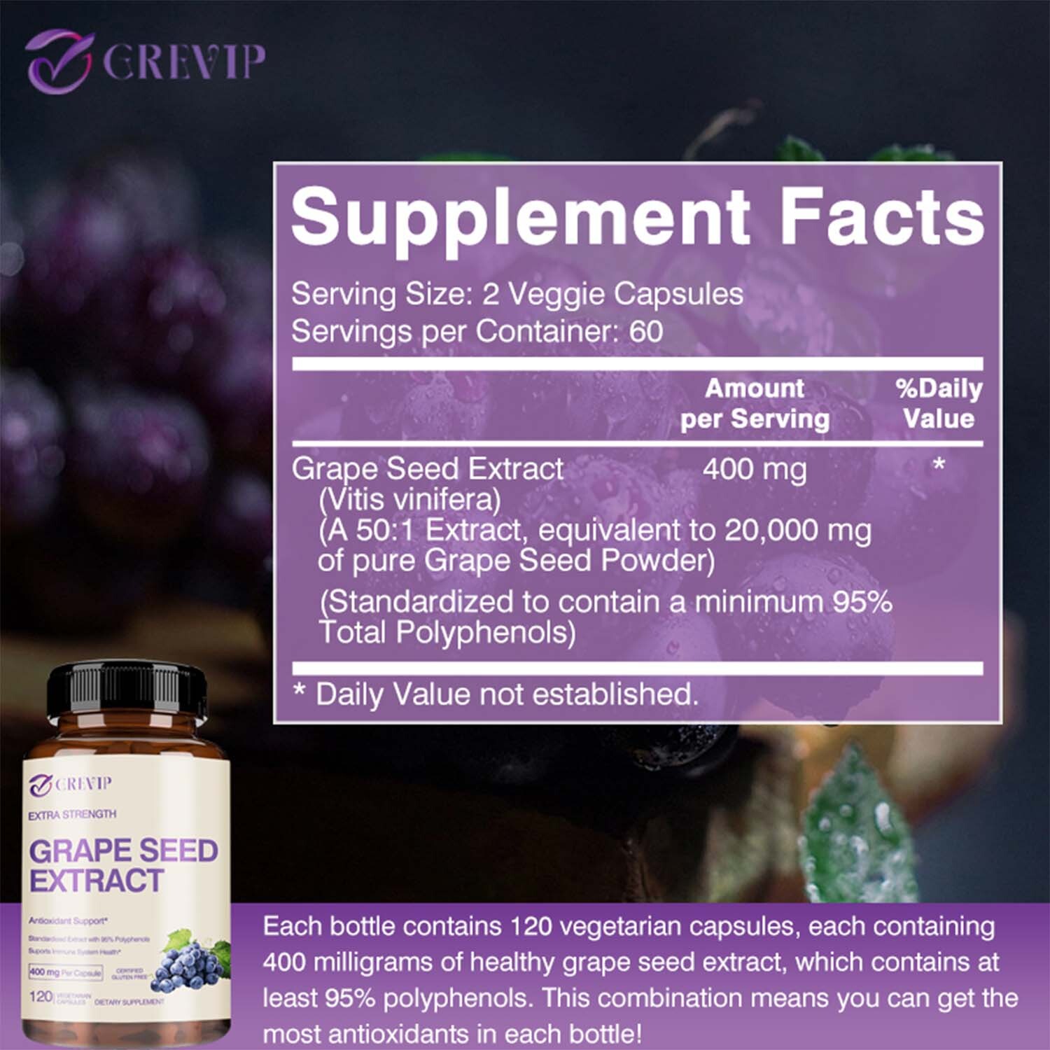 Grape Seed Extract 400mg -Anti-inflammatory, Antioxidants, Cardiovascular Health