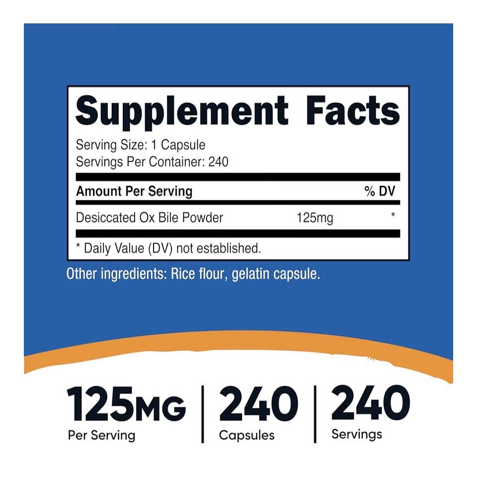 Ox Bile Capsules 240 Count 125 Mg by Nutricost Exp. 01/2028
