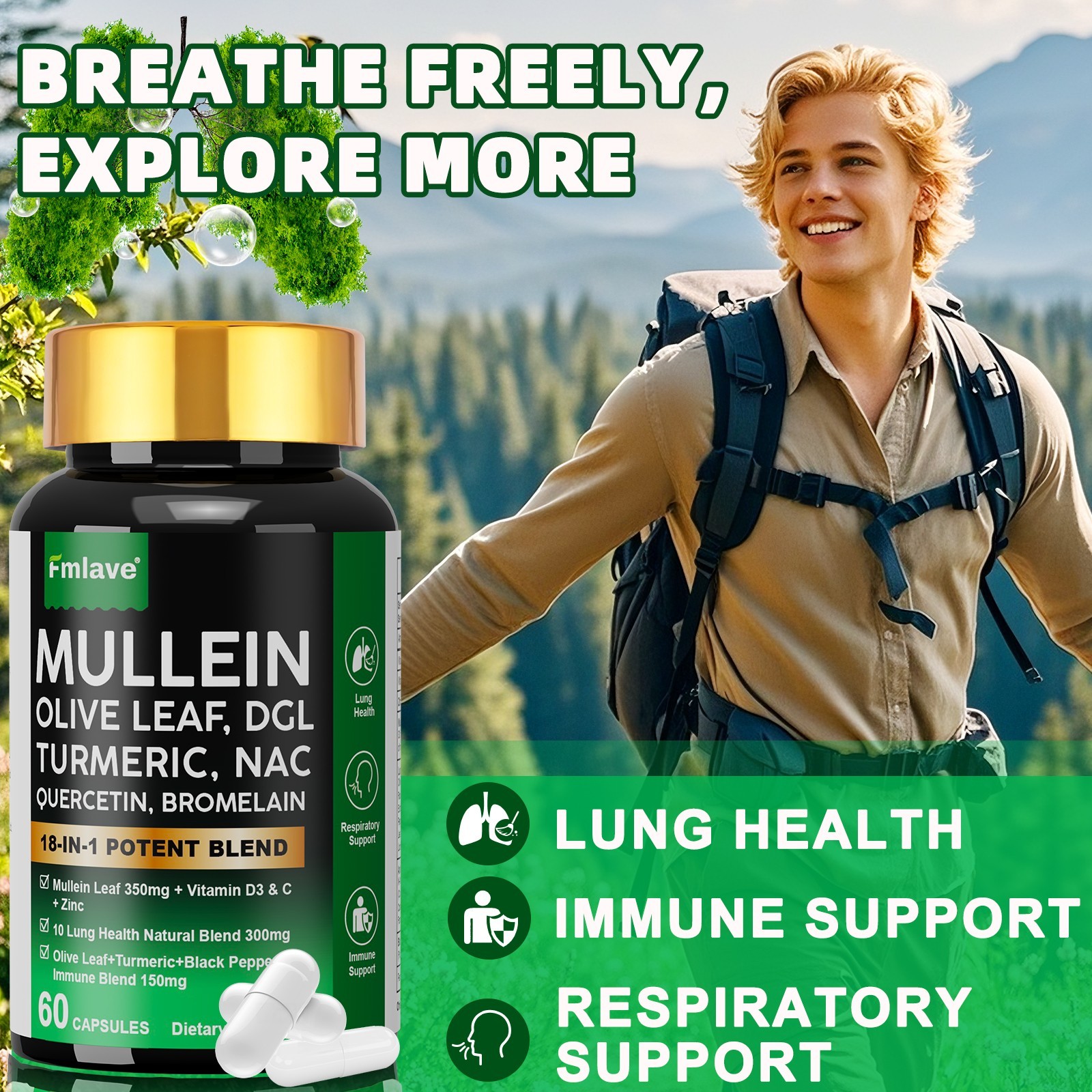 2 packs Mullein Leaf Capsules, Support Lung Cleanse , Respiratory Help, 120 caps