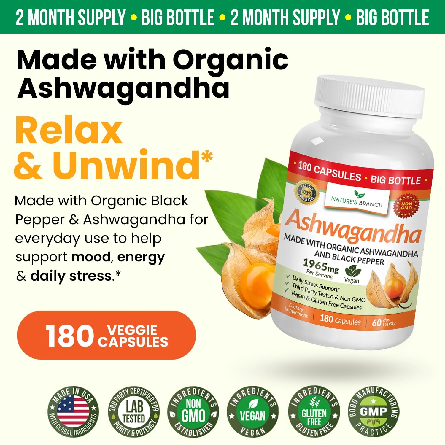UDAF Certified Organic Ashwagandha with Black Pepper, 1965mg Extra Strength …