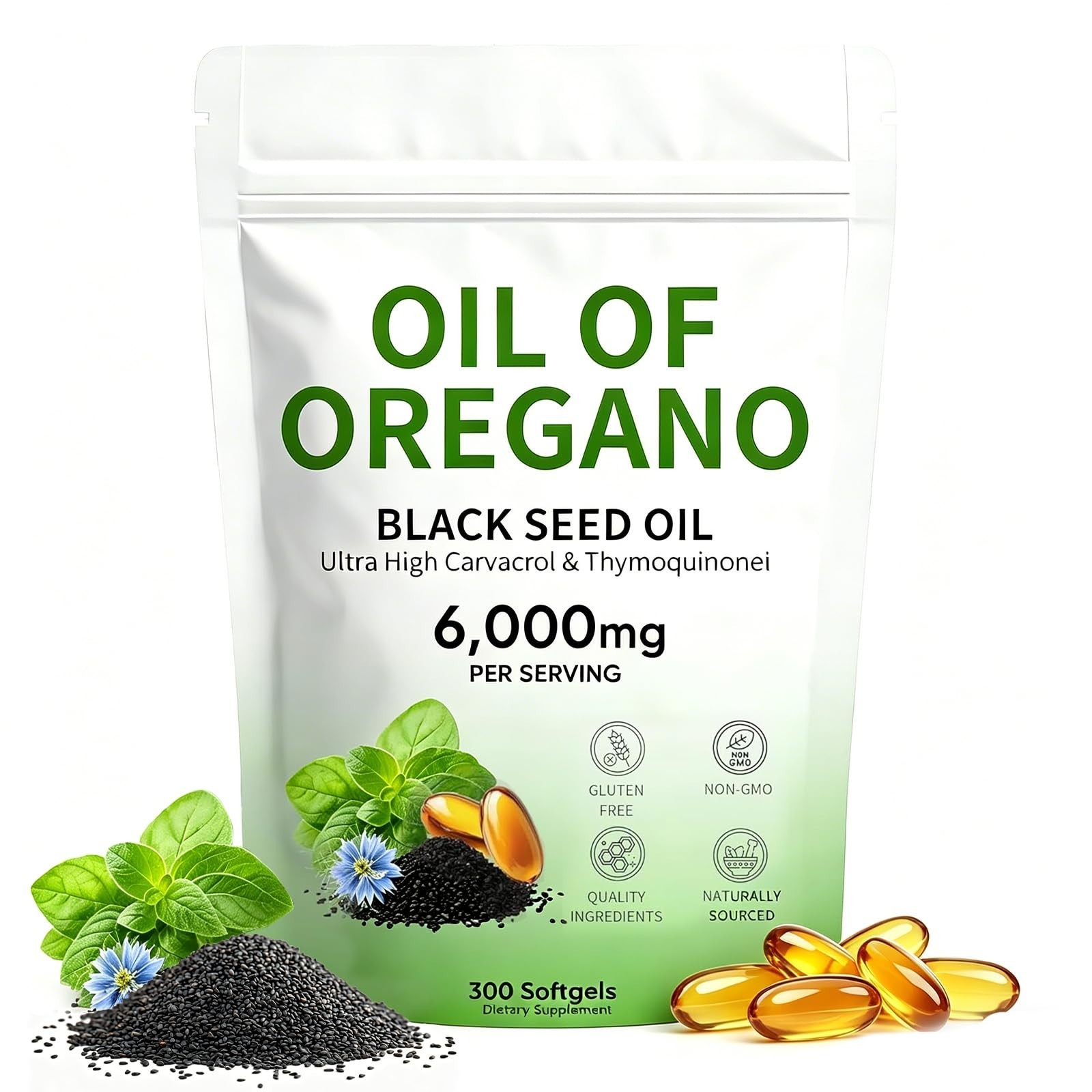 Oil of Oregano Softgels with Black Seed Oil & Thymoquinone, 300 Count, 6000mg, N
