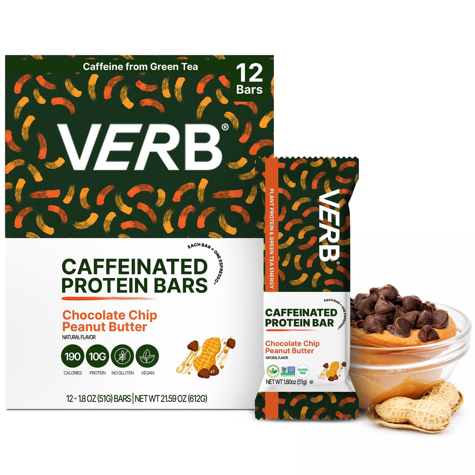 Verb Energy – Caffeinated Protein Bars Chocolate 1 count (Pack of 12), brown