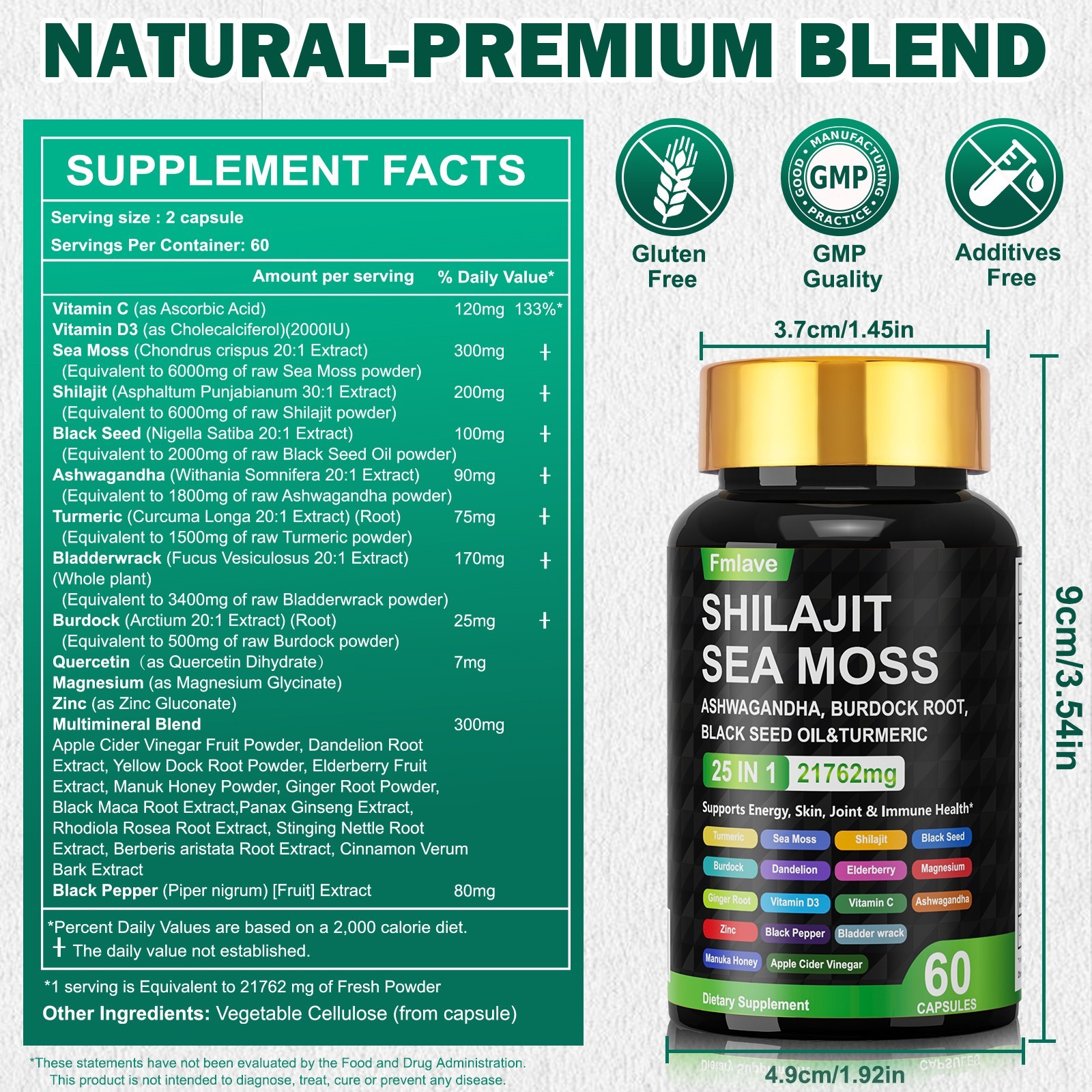 Sea Moss, Black Seed Oil, Ashwagandha, Turmeric Ginger Shilajit Burdock 60 caps