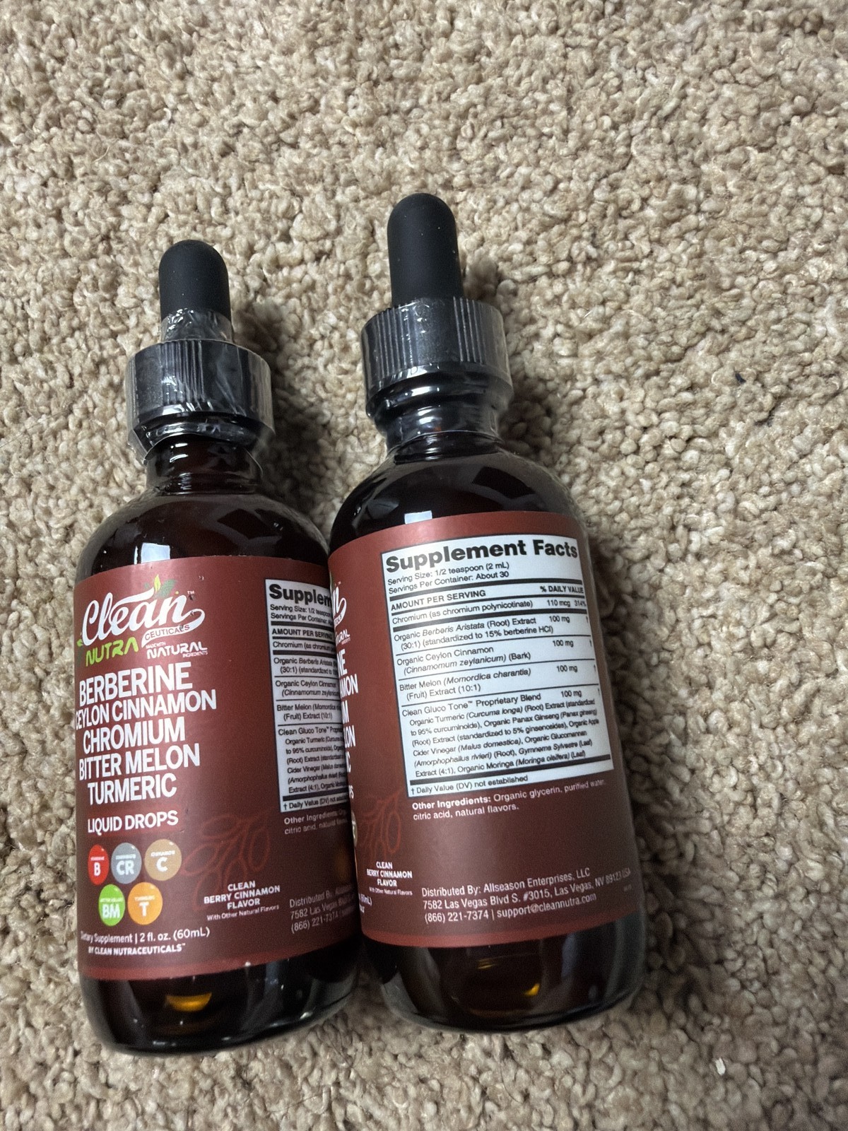 Clean Nutra GLUCO TONE Liquid Drops Berberine Chromium Turmeric 2 Bottle 04/2026
