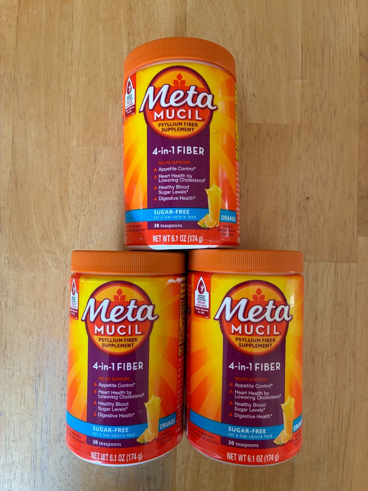 3 Pack LOT Metamucil 4-in-1 Fiber Sugar-Free Powder Supplement (Orange) 6.1oz