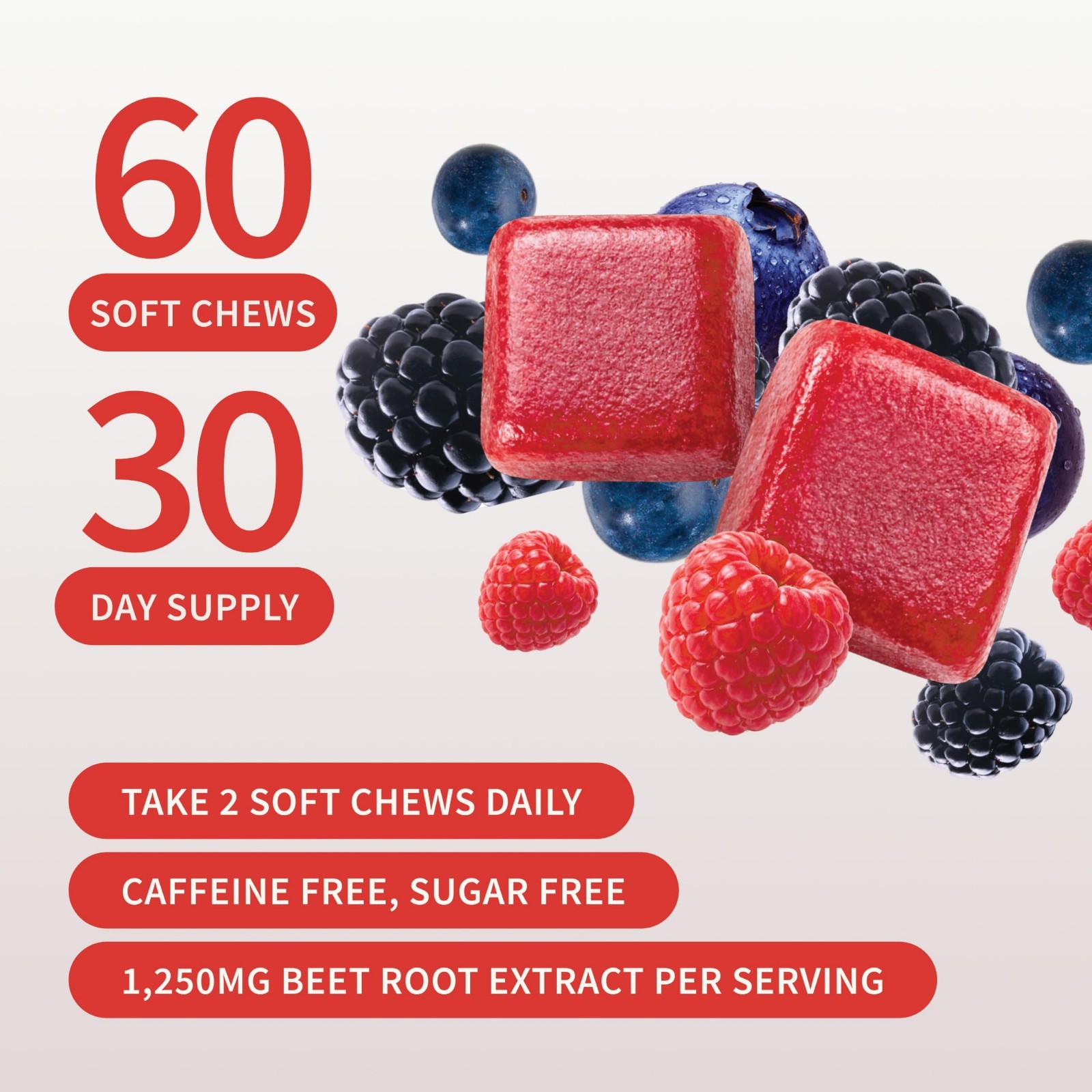 Nitric Oxide Beet Root Chews – 60 Sugar-Free Soft Chews, CoQ10 & Acai, Energy &