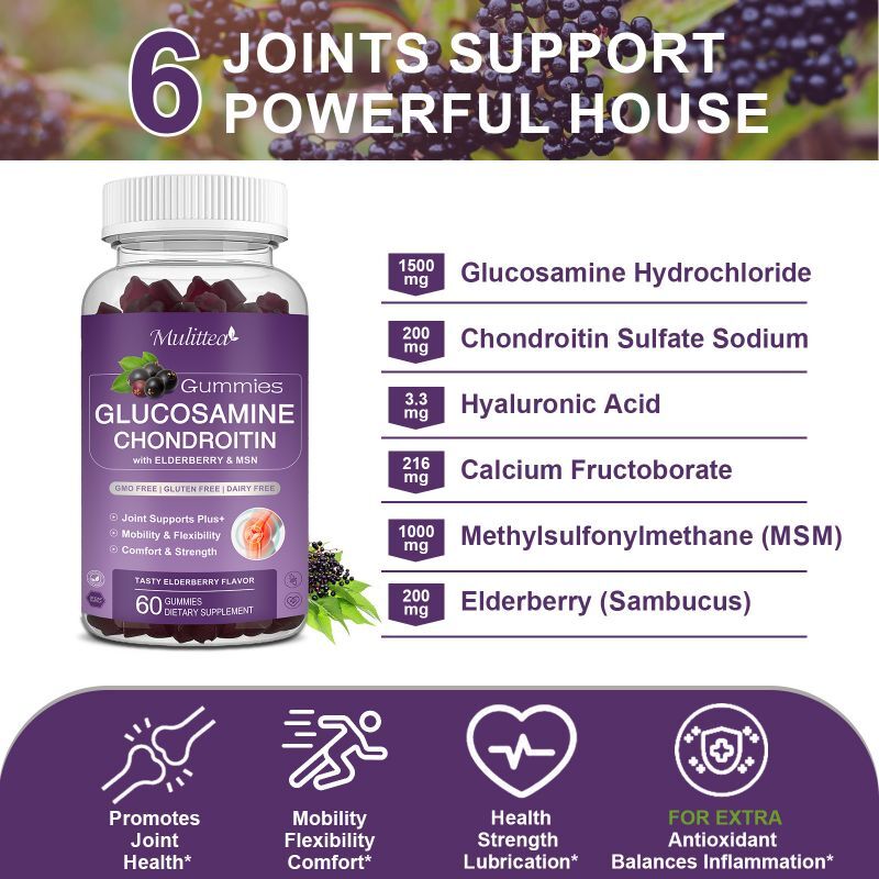 2 Pack Glucosamine Chondroitin Gummies MSM Triple Strength Joint Support 1500mg