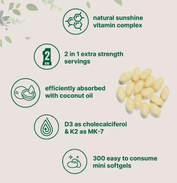 Vitamin D3 10000 iu Plus K2 (MK-7) 200 mcg, 300 Virgin Coconut Oil Softgels