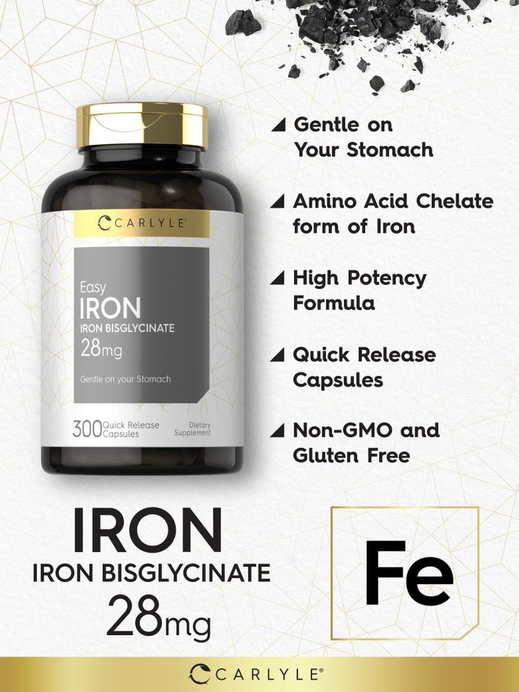 Easy Iron | 28 mg | 300 Capsules | Non-GMO | Gentle On Your Stomach | by Carlyle