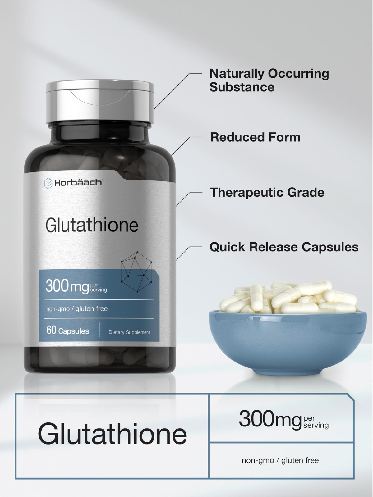 Horbaach Glutathione Supplement | 300mg | 60 Capsules | 60 Count (Pack of 1)