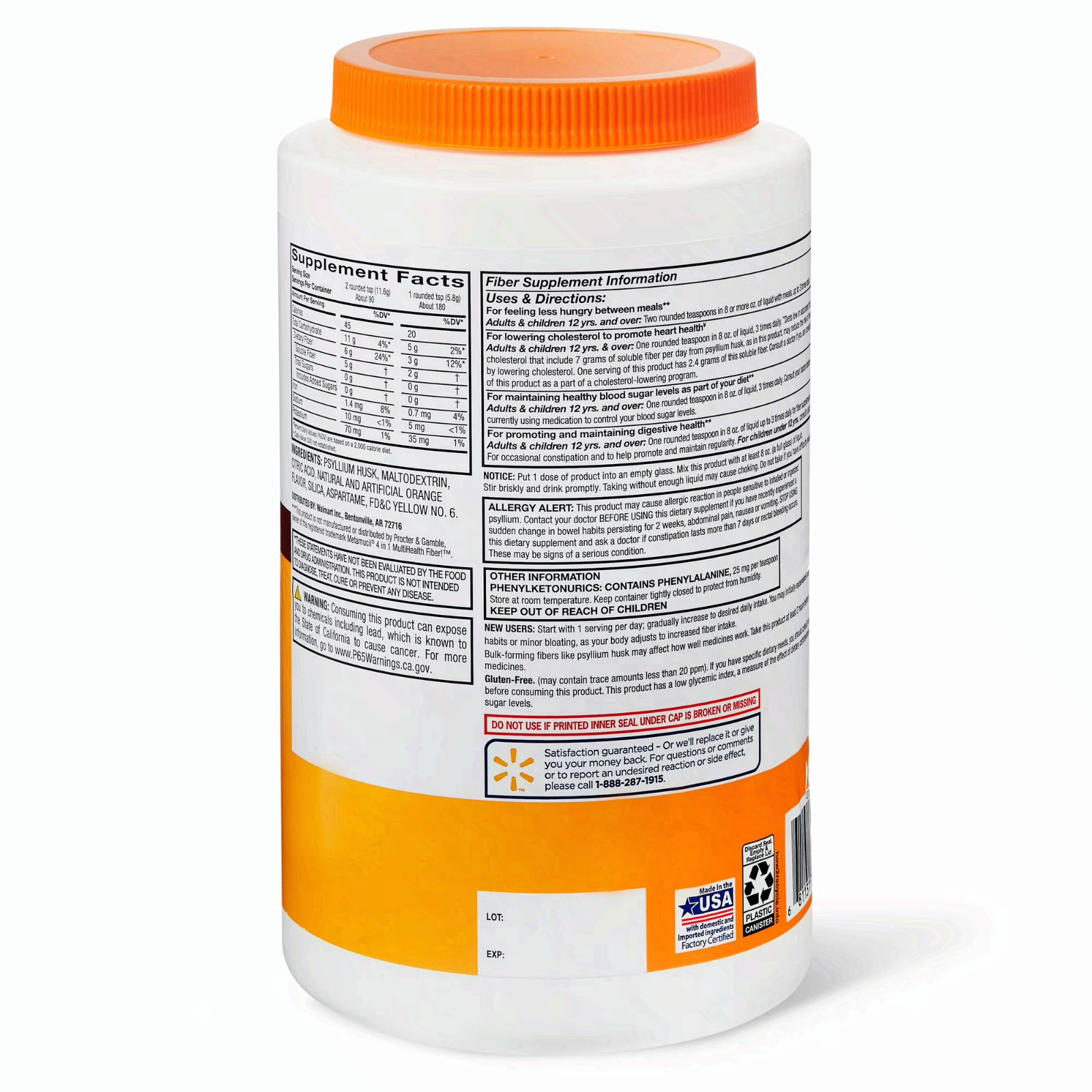 Equate Sugar-Free Daily Fiber Powder Orange Smooth, 36.8 oz x 2 pack