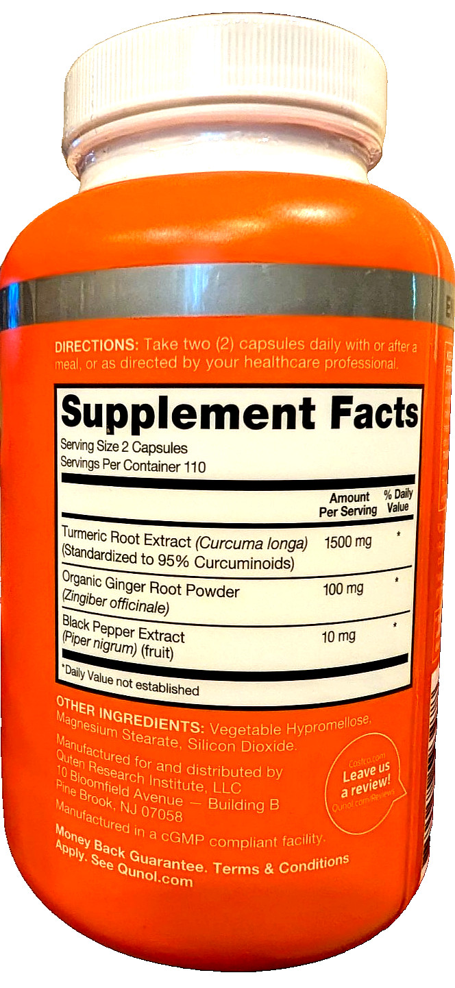 Qunol Turmeric (95%Curcuminoids) 1500 mg+Ginger+Black Pepper 180caps EXP 10/2026