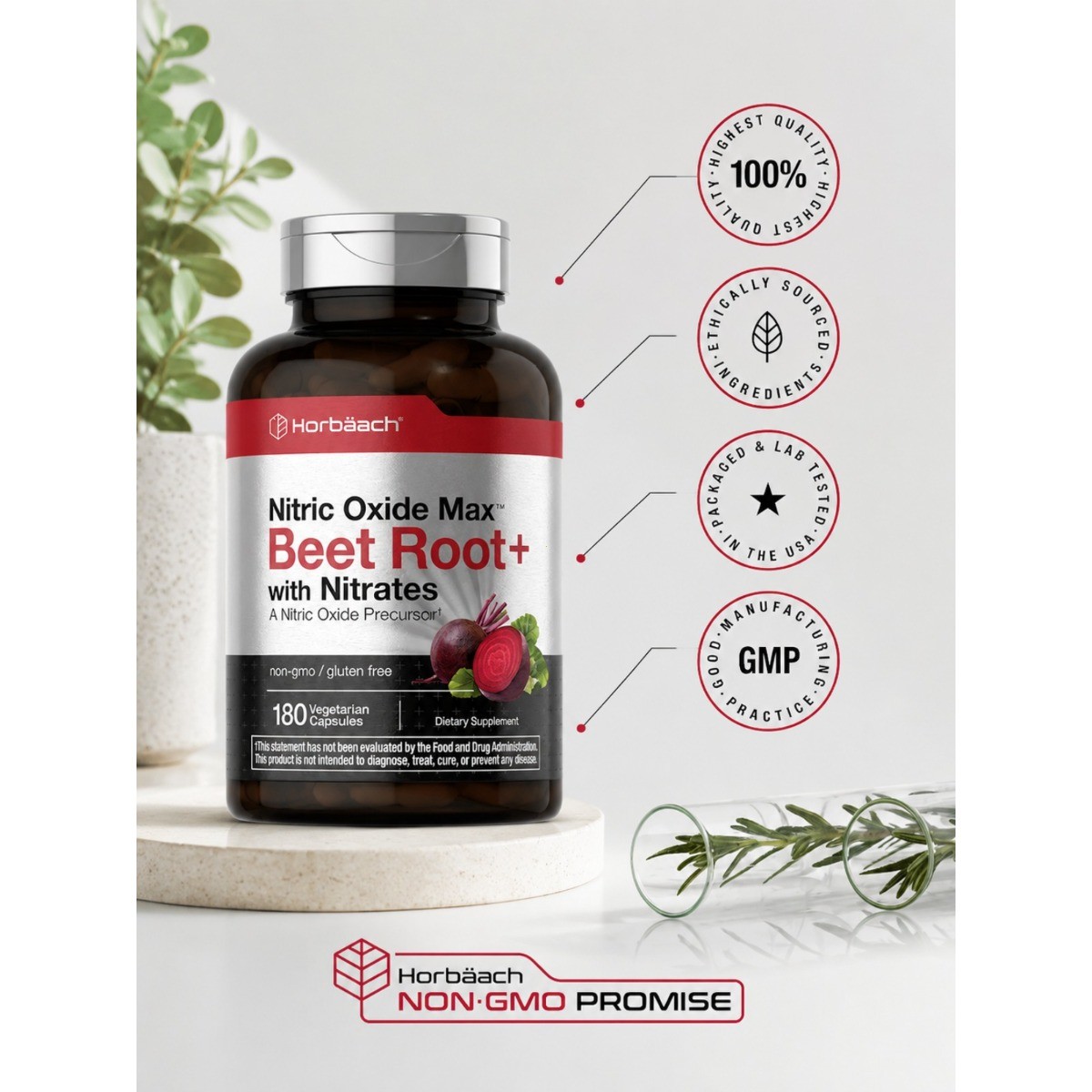 Nitric Oxide Max Beet Root+ with Nitrates–Non-GMO, Gluten-Free, 180 Veg Capsules