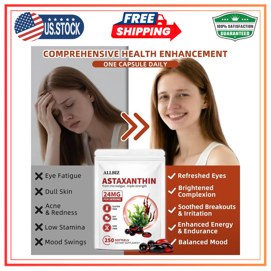 ALLBIZ Astaxanthin 24mg 250 Softgels Antioxidant Eye Skin Brain Liver Support