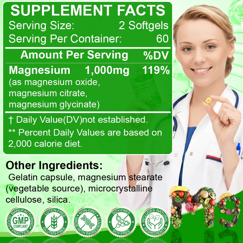 Magnesium Complex 1000mg, 120 Capsules – Gluten Free and Non-GMO