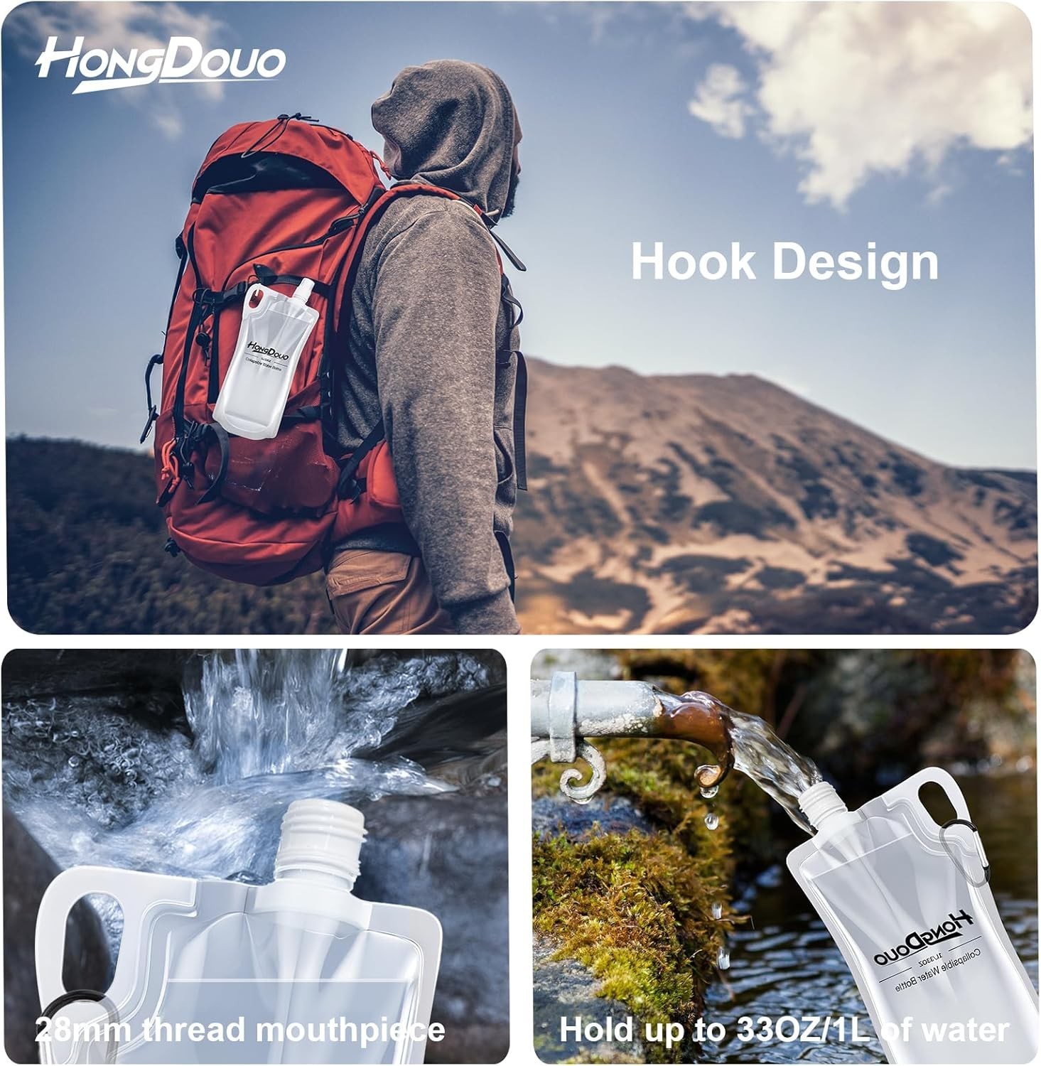 2 Pack Collapsible Water Bottles 1L Hiking Water Flasks 2L Total 33oz BPA-Free