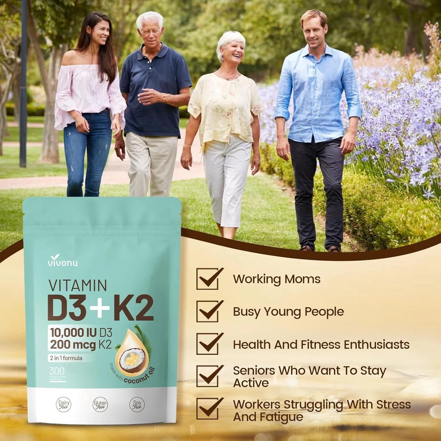 Vivonu Vitamin D3 10000 IU + K2 MK-7 200 mcg, 300 Softgels – Coconut Oil Enhance