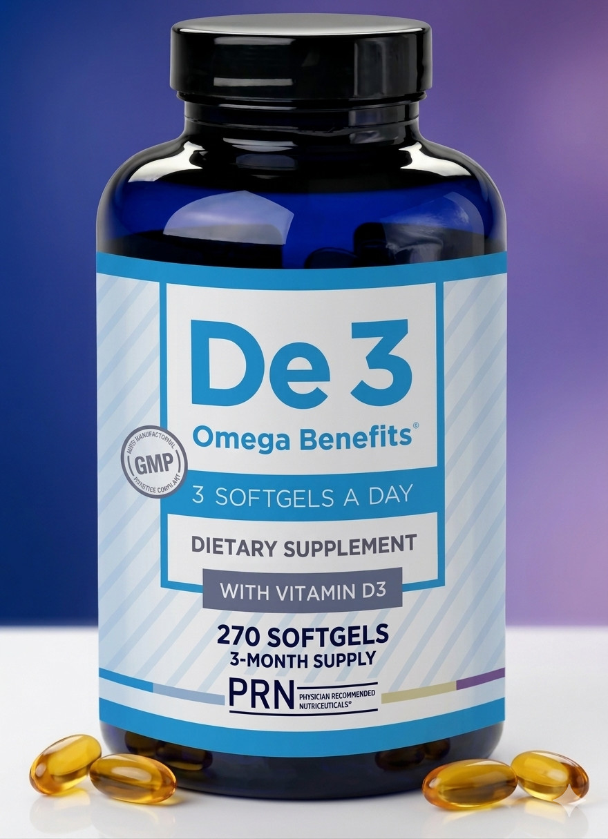 PRN De3 Omega Benefits 2400mg Omega-3 Fish Oil 1680mg EPA560mg DHA rTG Vit D3 US