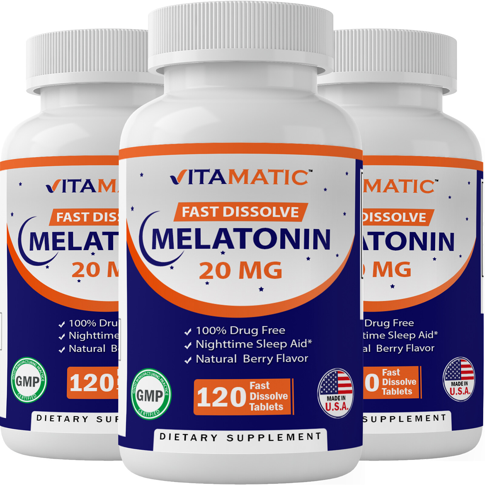 3 Pack Vitamatic Melatonin 20 mg Fast Dissolve 120 Tablets – Nighttime Sleep Aid