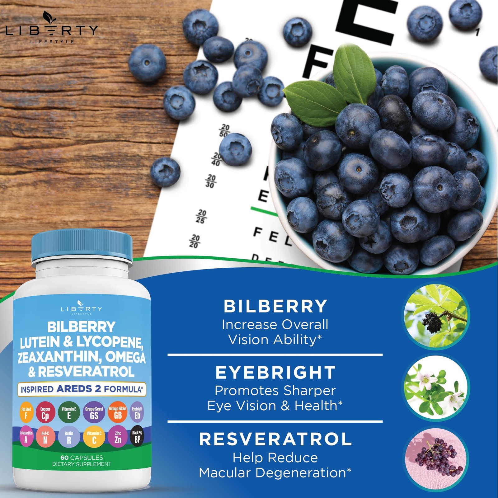 Liberty Lifestyle Eye Health Vitamins with Bilberry, 60 Count (Pack of 3)