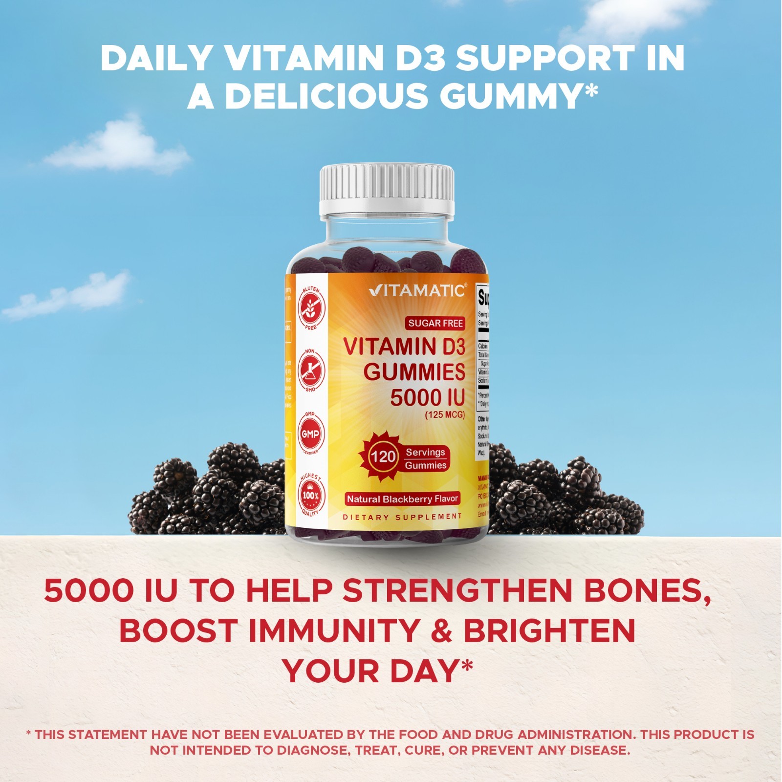 Vitamatic Sugar Free Vitamin D3 (5000 IU) – 120 Pectin Based Gummies.