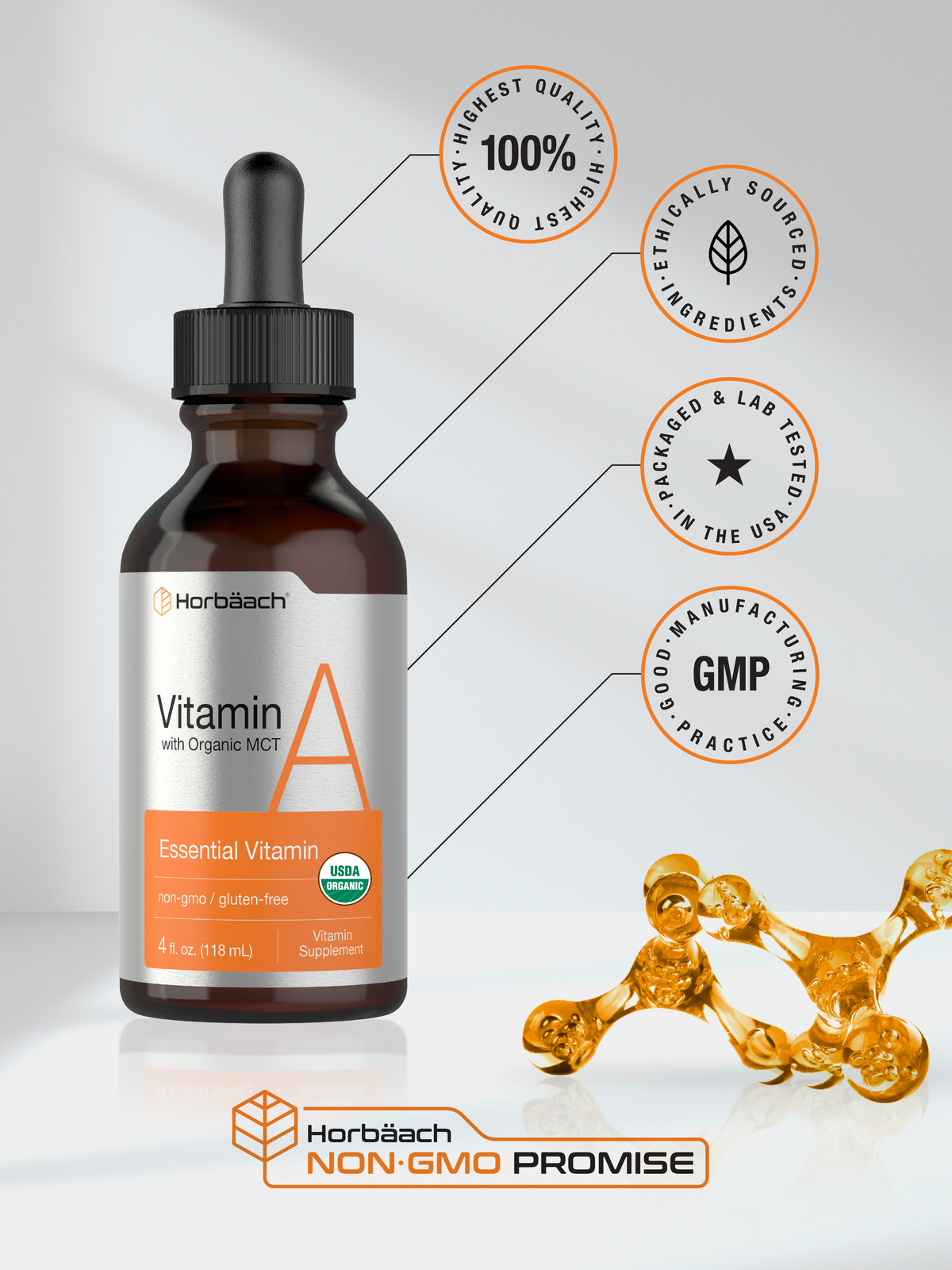 Vitamin A Liquid Drops | 4 fl oz Supplement | with Organic MCT | by Horbaach