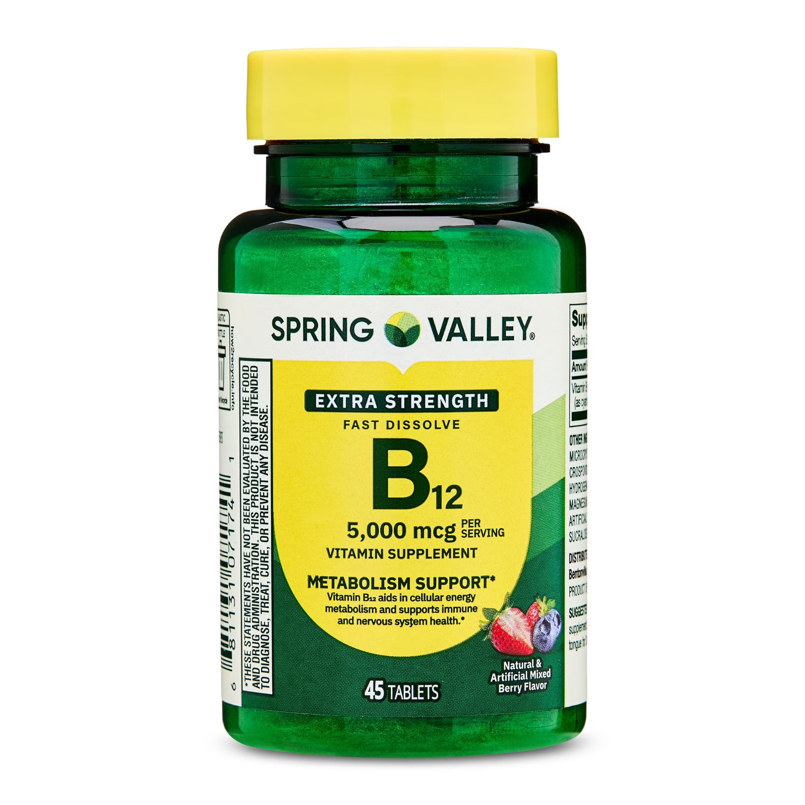 (2 pack) Spring Valley B12 5000 mcg Fast-Dissolve Tablets Mixed Berry 45 Count