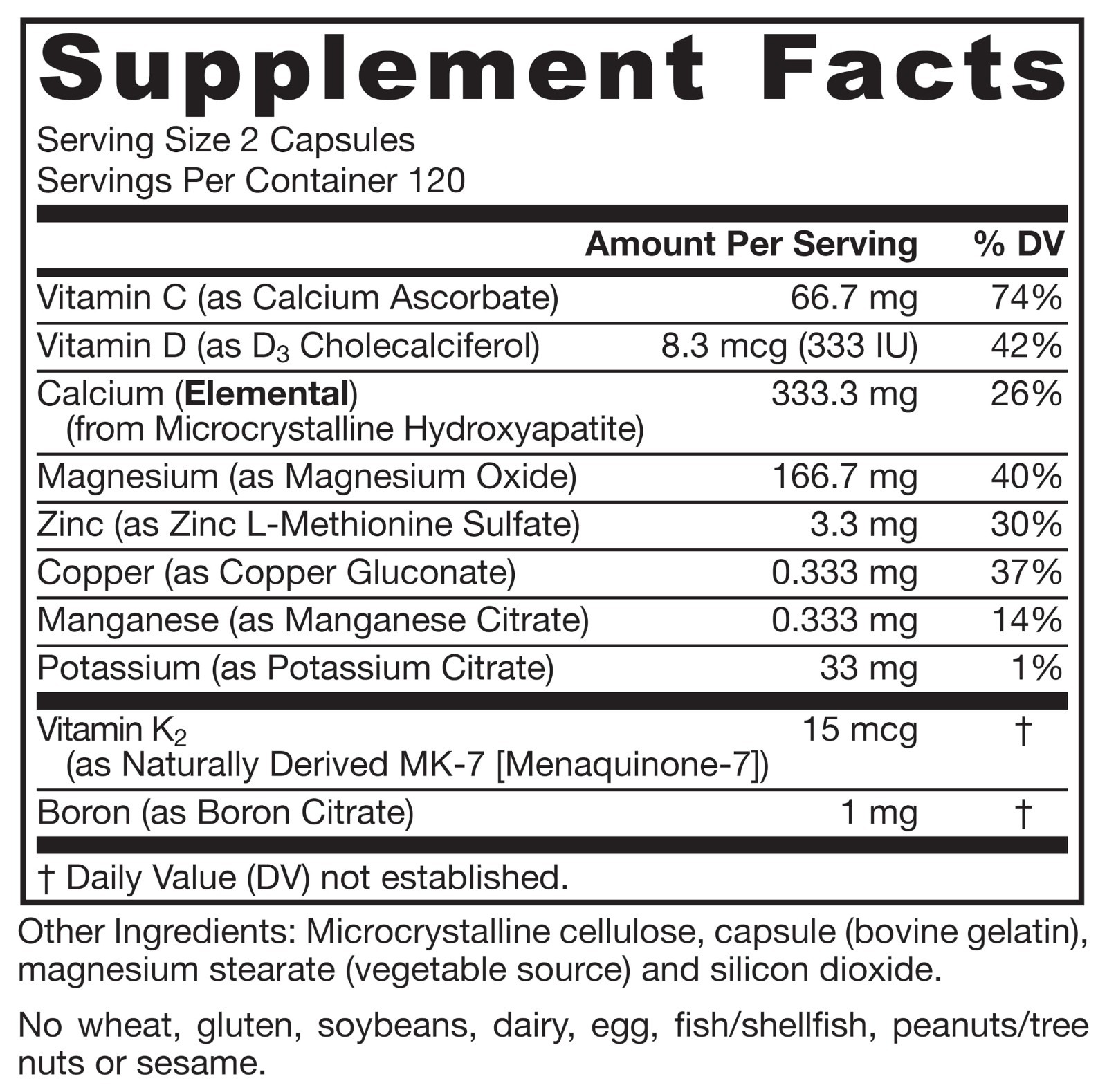 Bone Density Support Supplement – 1000mg Calcium, MCHA, Vitamins D3 & K2, 240 Ca