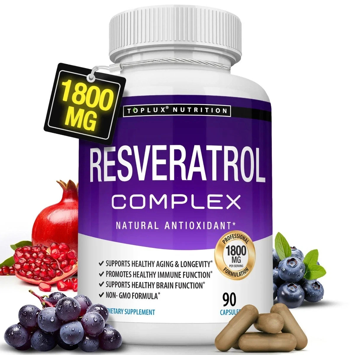 Resveratrol Complex 1800mg, Natural Antioxidant 90 Non-GMO Capsules