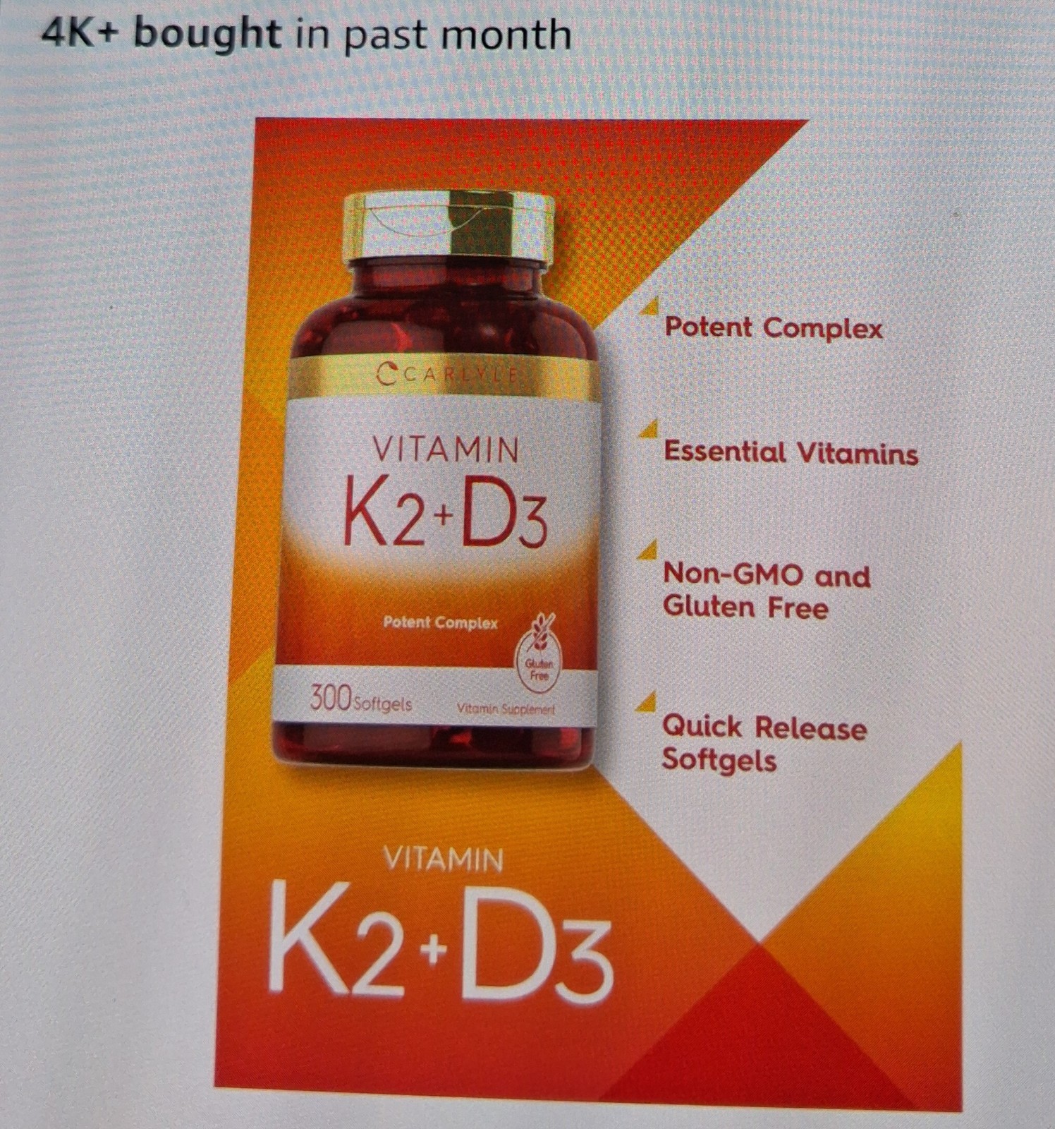 Carlyle Vitamin K2 + D3 250 mcg (10,000 IU) Softgels 300 Count, Gluten-Free