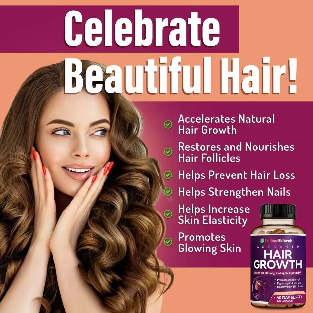 NEW Rainbow Nutrients Premium Hair Growth Vitamins – Biotin 10,000mcg, Collagen