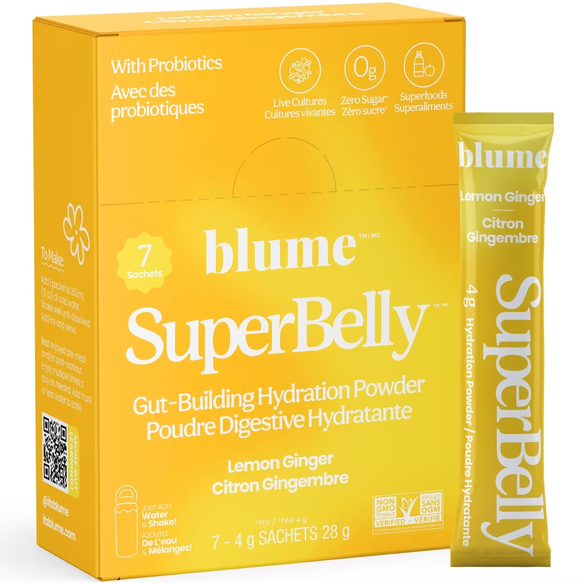 Blume SuperBelly Hydration Powder Lemon Ginger Flavor Gut Build 7x 4g ea NEW