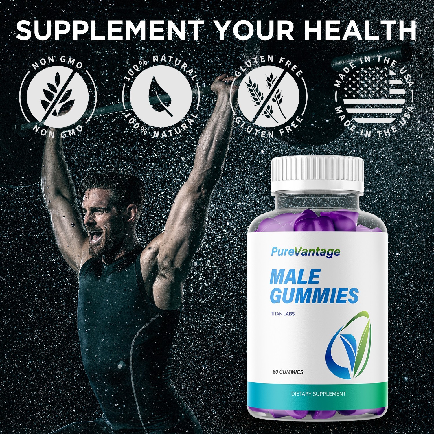 (1 Pack) Pure Vantage ACV Gummys Male Health Support Supplement 60 Gummies