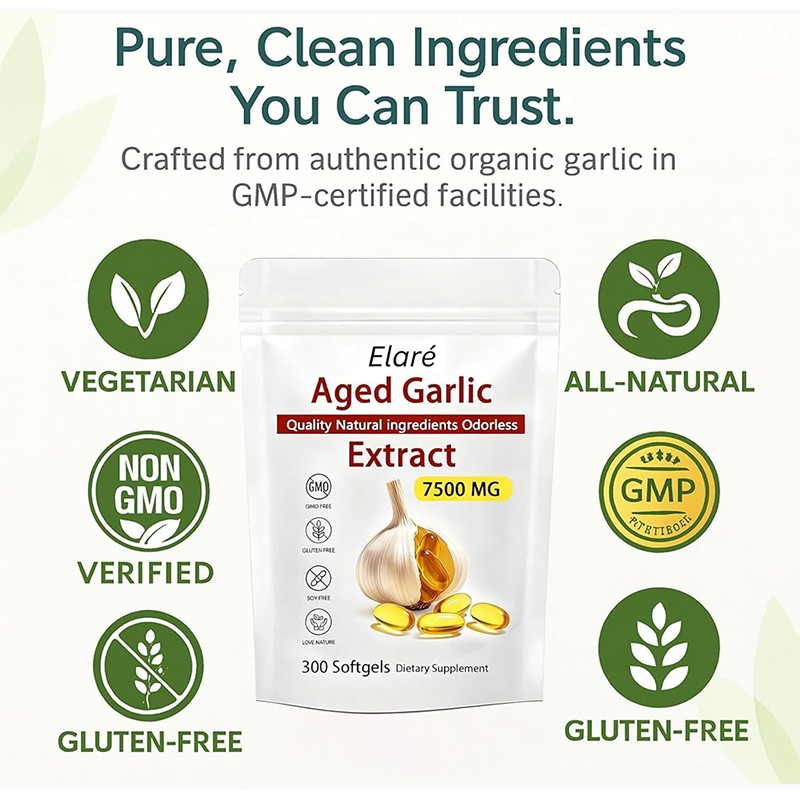 Elare Aged Garlic Extract 300 Softgels, 7500mg Odorless | Heart & Immune US 9Pcs