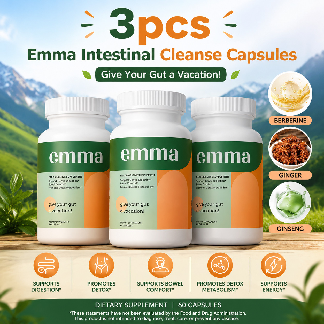 3PCS Emma Gut Health Supplement 180 Capsules for Bloating Relief & Leaky Gut