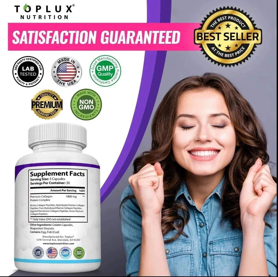 Toplux Multi Collagen Peptides Pills W I II III V X 1800Mg Complex Supplement