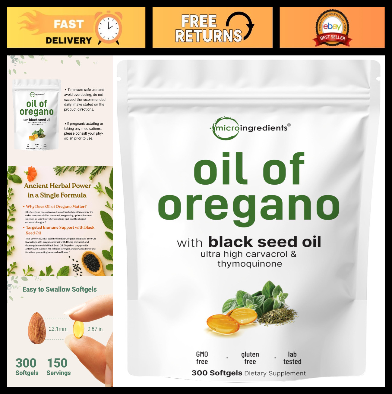 Oregano Oil Softgels 300 Count | 2-in-1 Black Seed Oil | 4X Carvacrol & Thymoqui