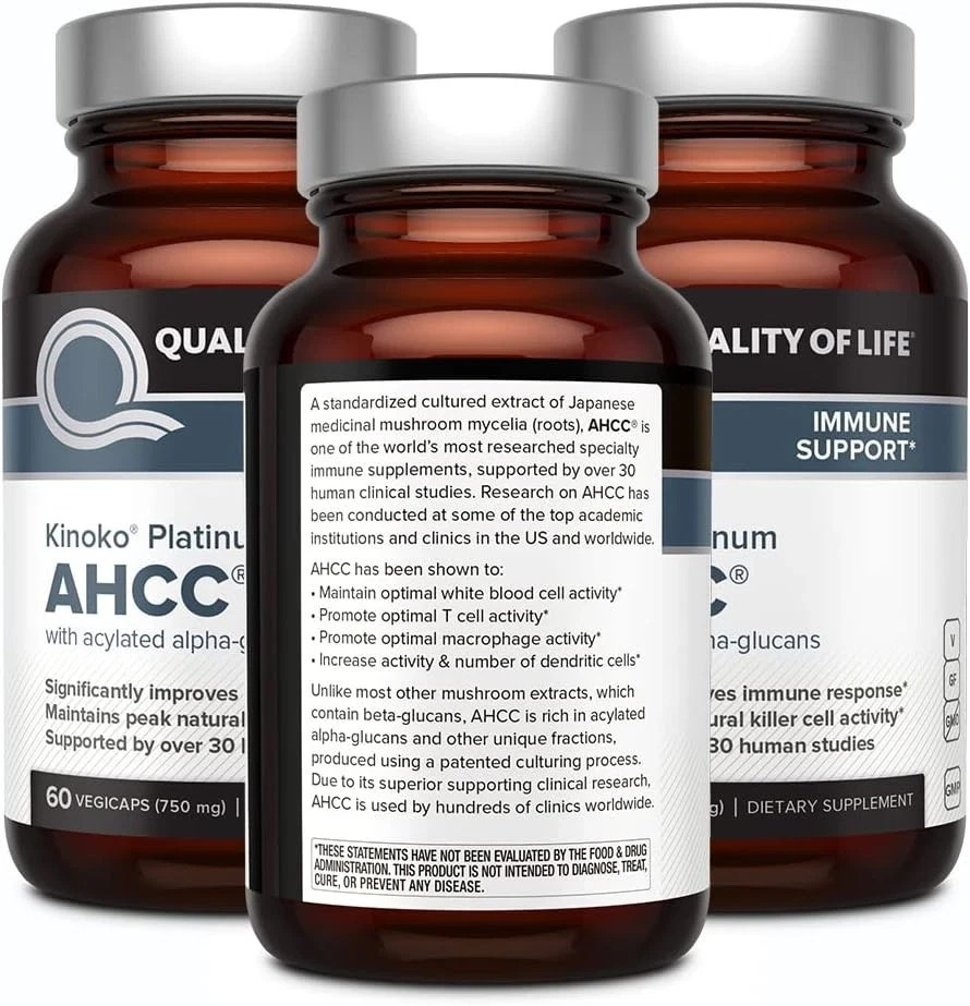3Pack Quality of Life Labs, Kinoko Platinum AHCC, Immune Support, 750 mg,60 caps