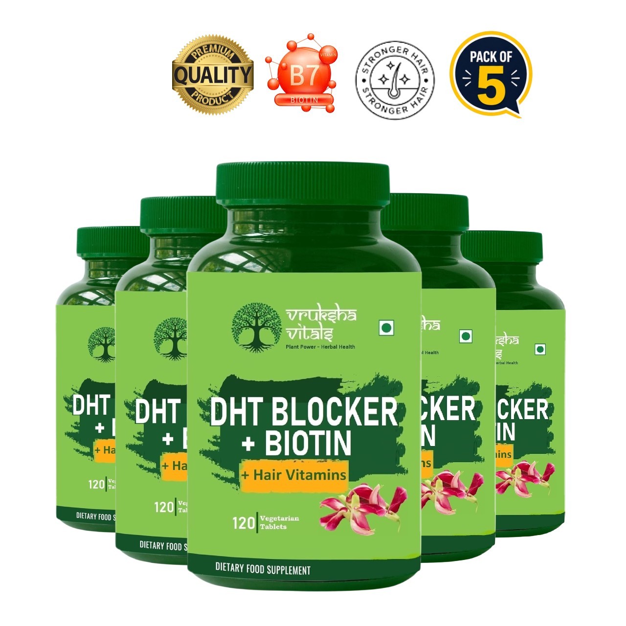 5 Pack VRUKSHA V.ITALS DHT Biotin 120 Tablets Support