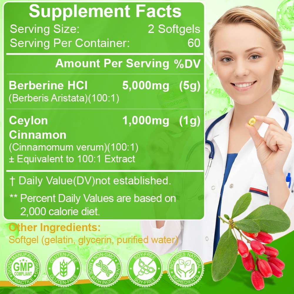 5000mg Premium Berberine HCL High Potency Anti-inflammatory,Blood Sugar Support