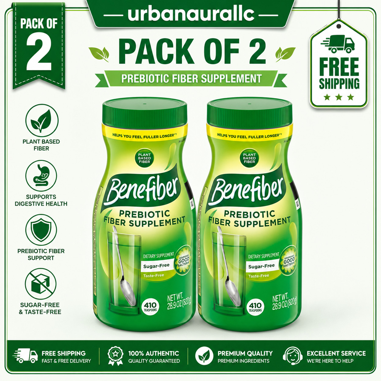 2 Pack – Benefiber Daily Prebiotic Fiber Supplement Powder, Unflavored, 28.9 oz.