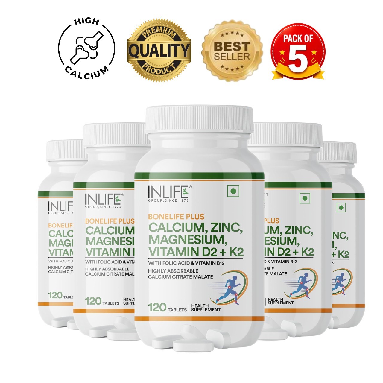5 Pack IN.LIFE Calcium Magnesium Zinc D3 K2 600 Tablets