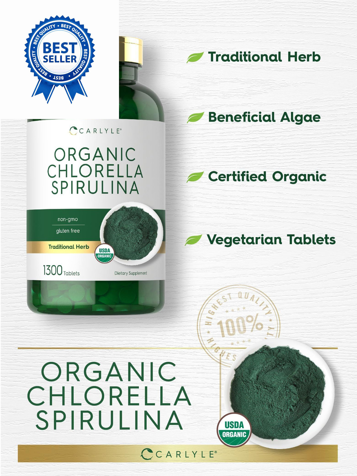 Carlyle Organic Chlorella Spirulina Tablets | 1300 1300 Count (Pack of 1)