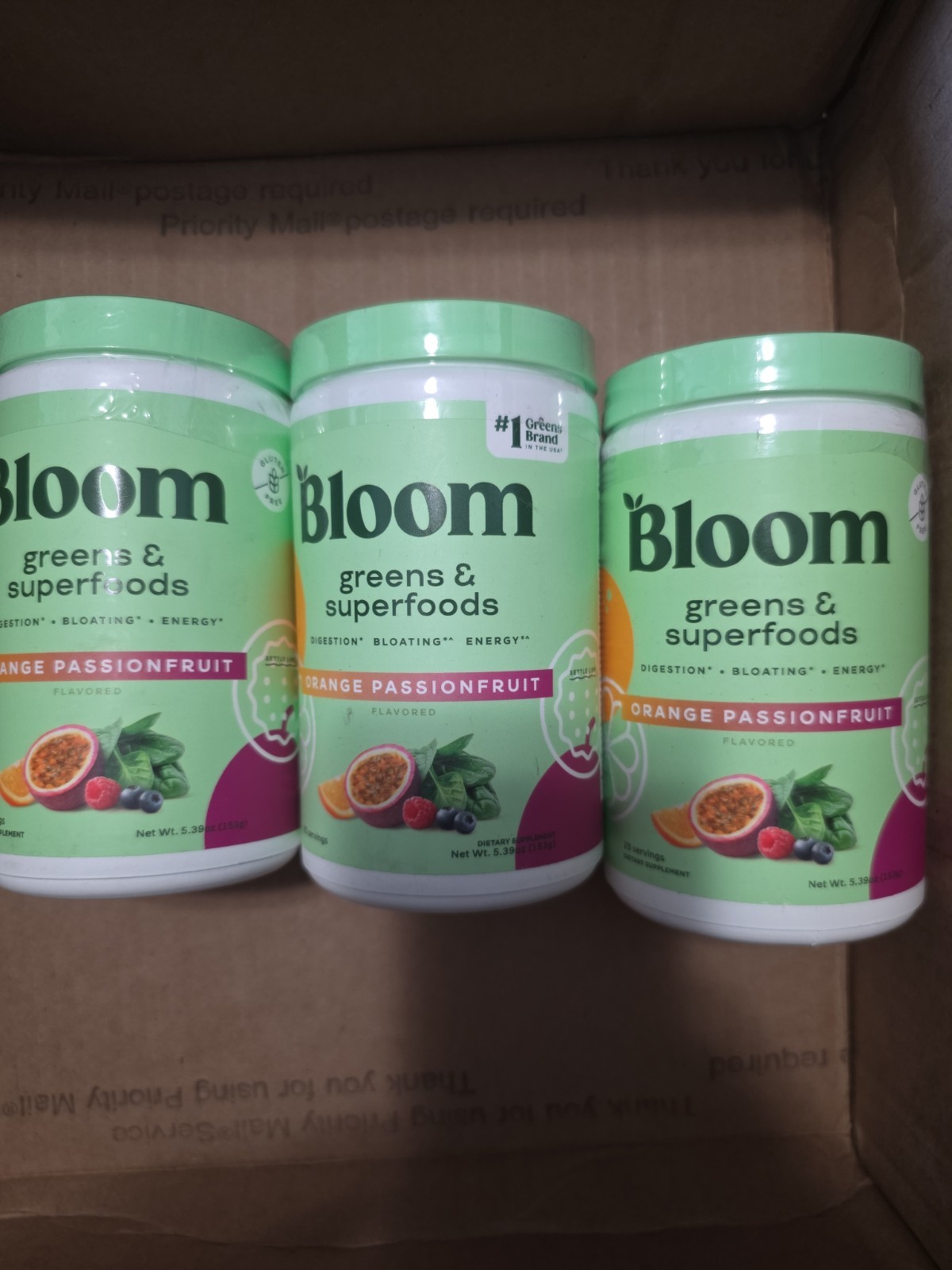 3- Bloom Greens & Superfoods Orange Passionfruit. Exp: 9/2026