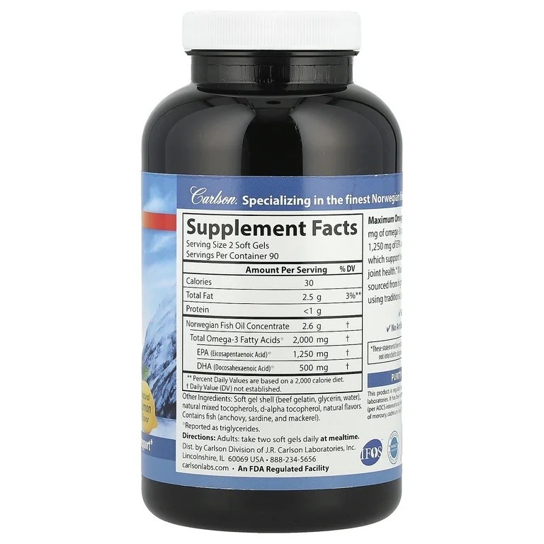 Carlson – Maximum Omega 2000, 2000 mg Omega-3s Lemon 90 soft gels Exp:04/2028