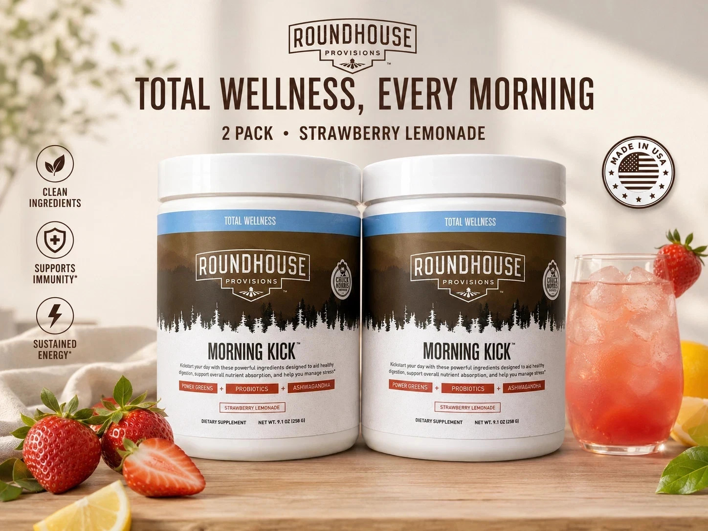 2 Pack Roundhouse Morning Kick Powder Strawberry Lemonade 9.1 Oz